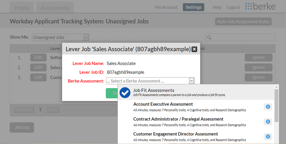 screenshot of job requisition assessment in Berke