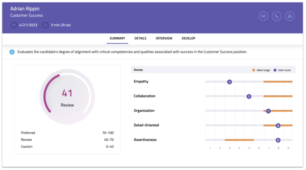 An example of the summary section for a HighMatch Assessment Report.