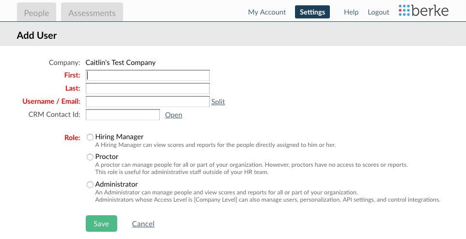 screenshot of the Add User menu in Berke