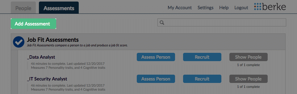 Screenshot of Add Assessment button