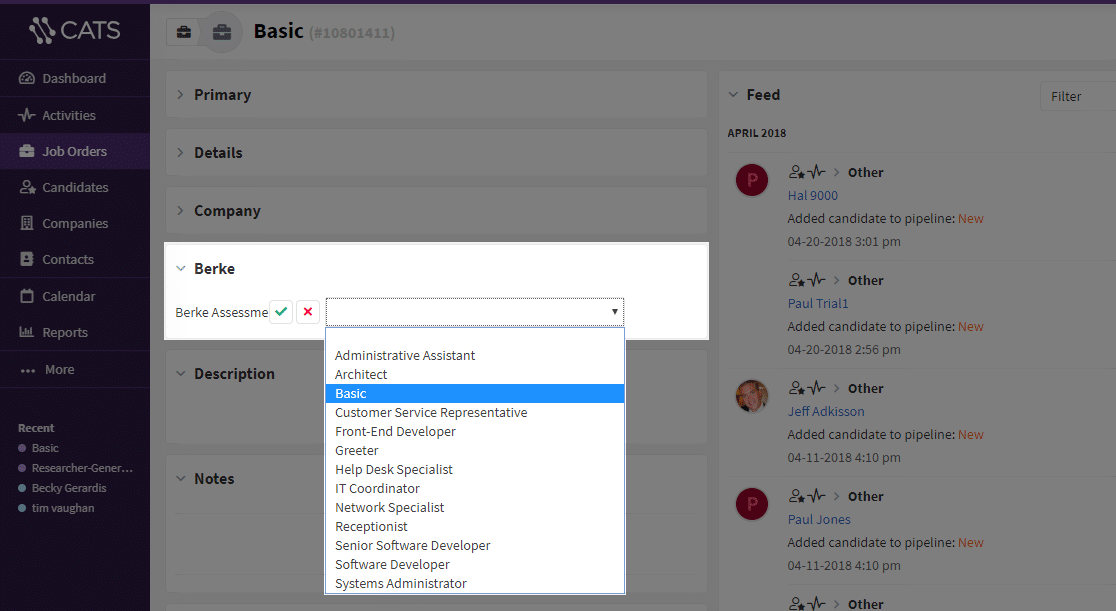 Screenshot of assessment dropdown