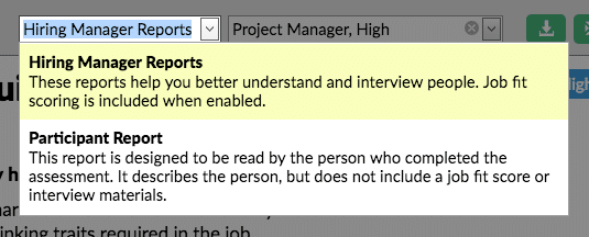 screenshot of the hiring manager report options