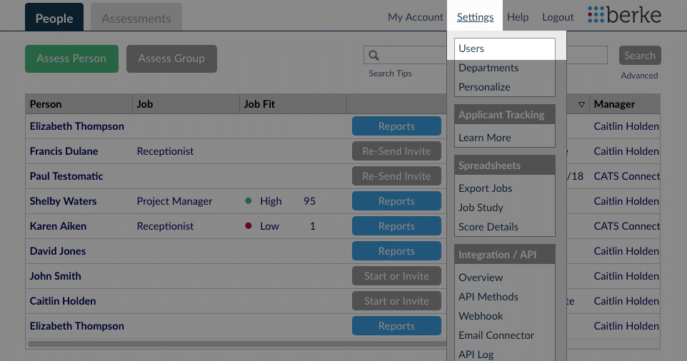 screenshot of the Settings menu and Users button in Berke